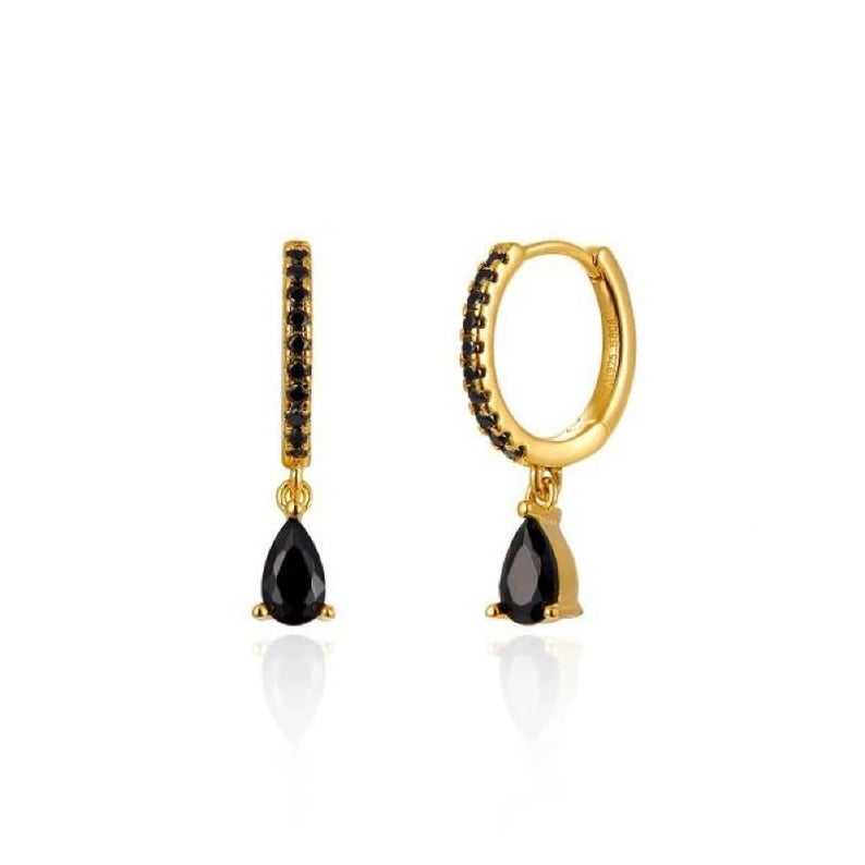 Gold Huggie Black Pear Drop earrings